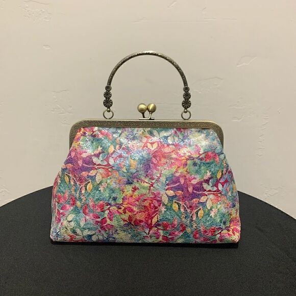 Handmade Genuine Leather Floral Print Kisslock Top Handle bag & Small Purse Set - Picture 2 of 16